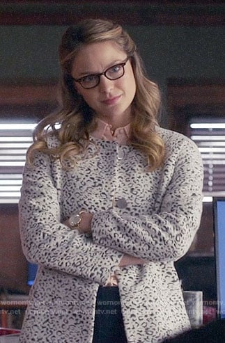 Kara’s white leopard coat on Supergirl