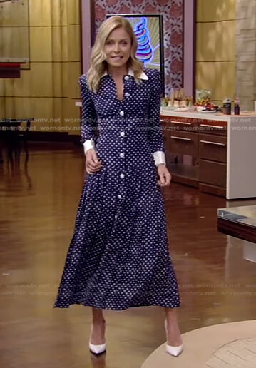 Kelly's navy polka dot shirtdress on Live with Kelly and Ryan