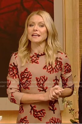 Kelly’s beige branch print midi dress on Live with Kelly and Ryan