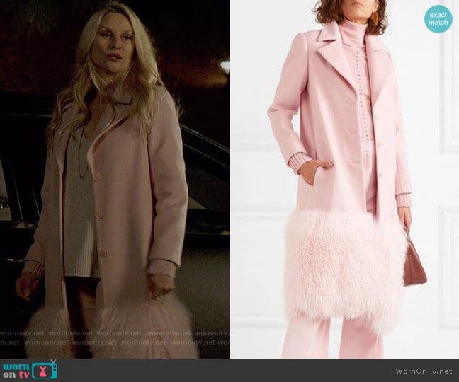 Shearling-Trimmed Wool Coat by Lela Rose worn by Alexis Carrington (Elaine Hendrix) on Dynasty