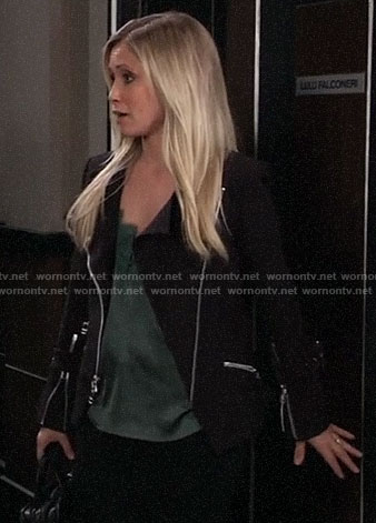 Lulu’s green lace trim cami and moto jacket on General Hospital