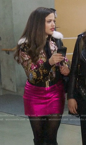 Maggie's floral jacket with fur collar and pink skirt on Charmed