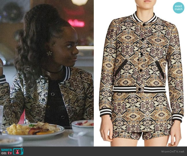 Maje Baslira Tapestry-Inspired Jacquard Bomber Jacket worn by Josie McCoy (Ashleigh Murray) on Riverdale