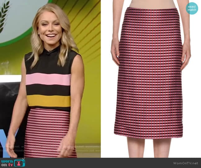 WornOnTV Kelly’s striped sleeveless top and pink check skirt on Live