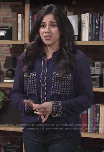 Mia's navy blue studded button down blouse on The Young and the Restless