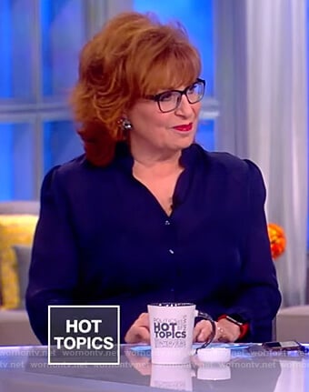 Joy’s navy ruffle neck blouse on The View