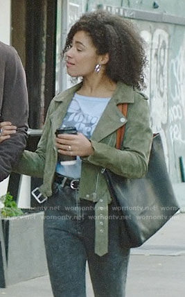 Nia’s Tom Petty tee and green suede jacket on God Friended Me