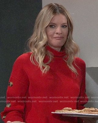 Nina's red buttoned sleeve sweater on General Hospital