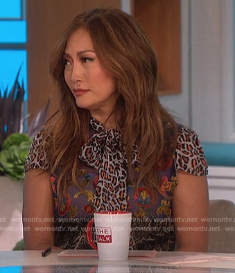 Carrie’s mixed print tie neck blouse on The Talk