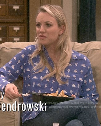 Penny’s blue mushroom and rabbit print shirt on The Big Bang Theory