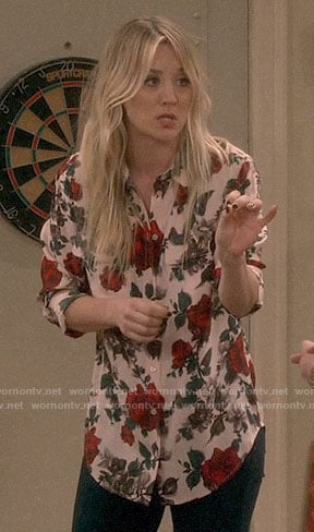 Penny's white rose print button down blouse on The Big Bang Theory