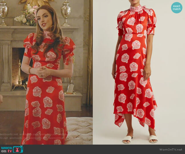 Graphic Floral-Print High-Neck Silk Dress by Peter Pilotto worn by Fallon Carrington (Elizabeth Gillies) on Dynasty