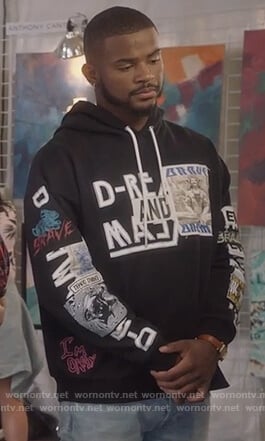 Aaron's black print hoodie on Grown-ish