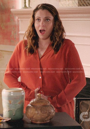 Rebecca’s orange button down blouse on Crazy Ex-Girlfriend