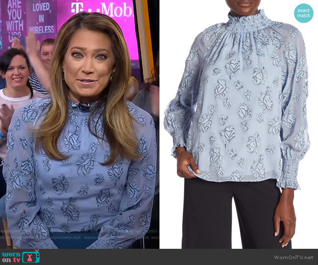 ong Sleeve Silk Blend Smocked Floral Blouse by Rebecca Taylor worn by Ginger Zee on Good Morning America