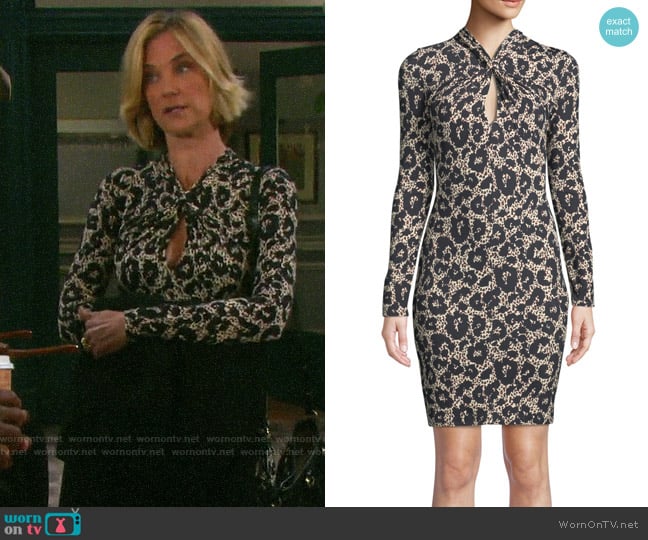 Roberto Cavalli Long-Sleeve Twist-Neck Leopard-Print Body-Con Mini Dress worn by Eve Donovan (Kassie DePaiva) on Days of our Lives