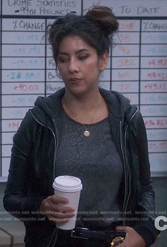 Rosa’s grey leopard print tee and layered leather jacket on Brooklyn Nine-Nine