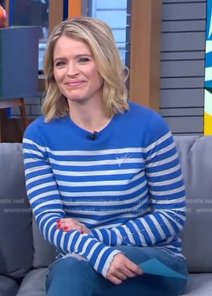 Sara’s blue striped sweater with embellished star on GMA Strahan And Sara