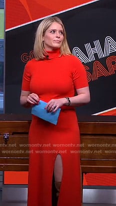 Sara’s red turtleneck slit dress on GMA Strahan and Sara