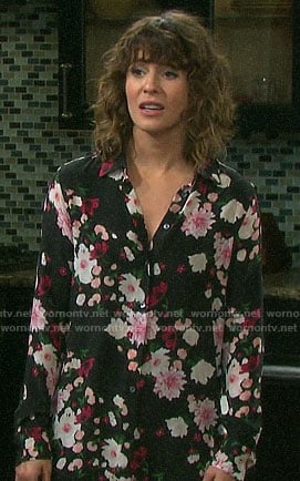 Sarah’s black floral button down blouse on Days of our Lives