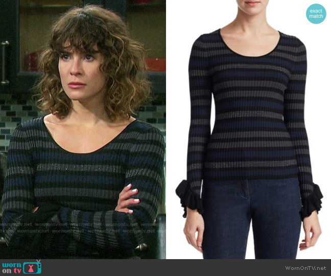 Scripted Stripe Ruffle Cuff Sweater worn by Sarah Horton (Linsey Godfrey) on Days of our Lives