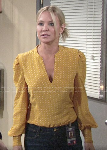 Sharon's yellow dotted blouse on The Young and the Restless