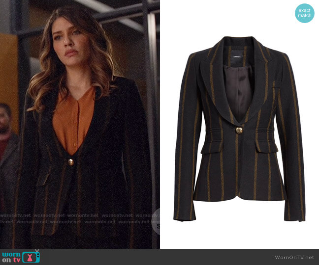 Smythe Stripe Peak Lapel Wool Blazer worn by Dinah Drake (Juliana Harkavy) on Arrow