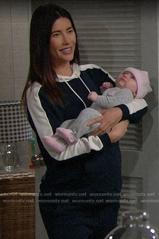 Steffy’s navy colorblock hoodie on The Bold and the Beautiful