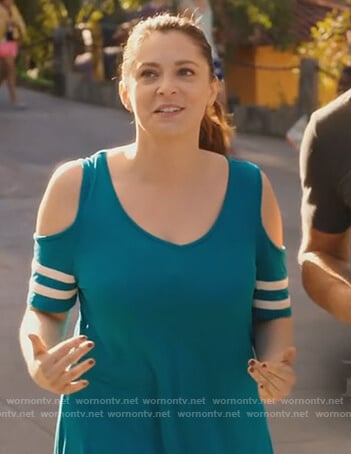 Rebecca’s teal cold-shoulder top on Crazy Ex Girlfriend