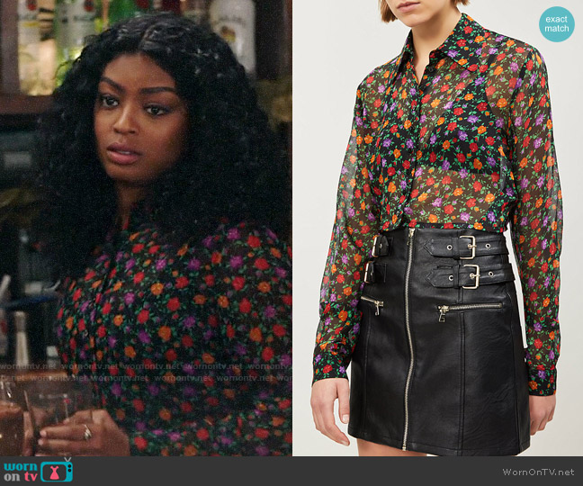 The Kooples Floral-print cropped silk-chiffon shirt worn by Ali Finer (Javicia Leslie) on God Friended Me