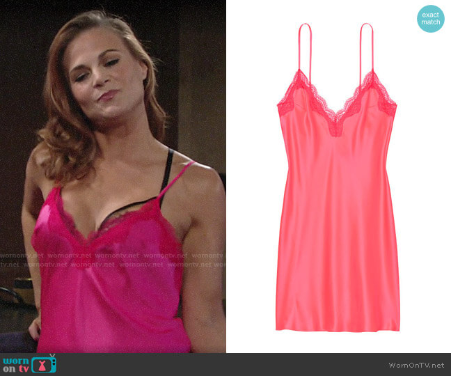 Victorias Secret Satin & Lace Slip Neon Hot Pink W/Ignited Trim worn by Phyllis Newman (Gina Tognoni) on The Young & the Restless