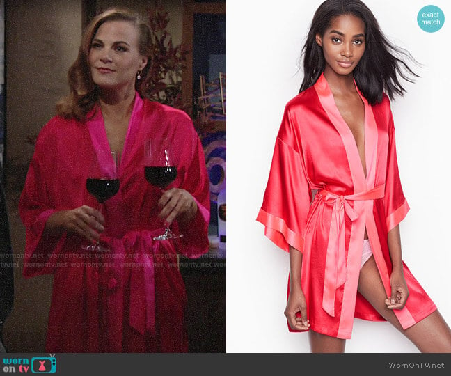 Victorias Secret Short Satin Kimono in Ignited W/Neon Hot Pink Trim worn by Phyllis Newman (Gina Tognoni) on The Young and the Restless