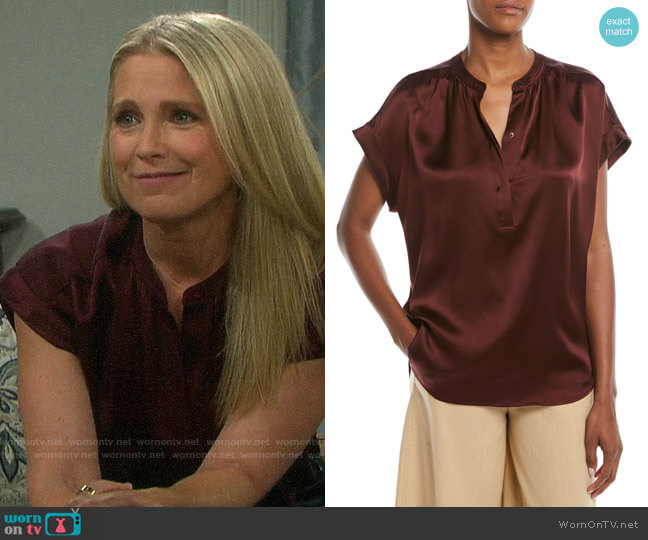 Vince Silk Shirred-Neck Cap-Sleeve Blouse worn by Jennifer Horton (Melissa Reeves) on Days of our Lives