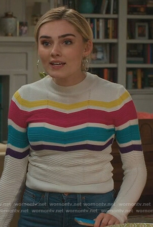 Taylor's white chevron striped sweater on American Housewife
