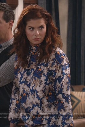 Grace’s white print high neck blouse on Will and Grace