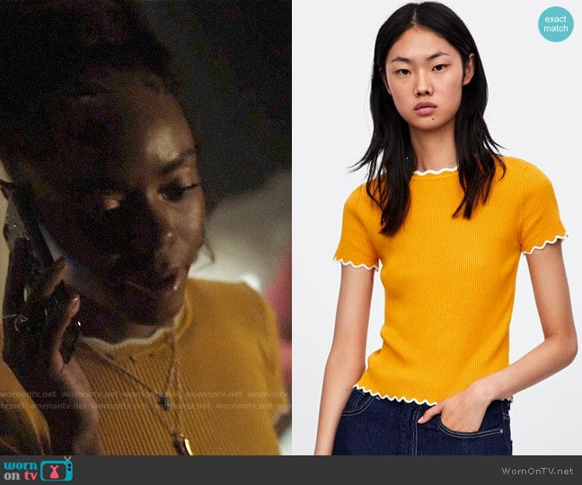 Zara Sweater with Contrasting Scalloped Trims worn by Josie McCoy (Ashleigh Murray) on Riverdale