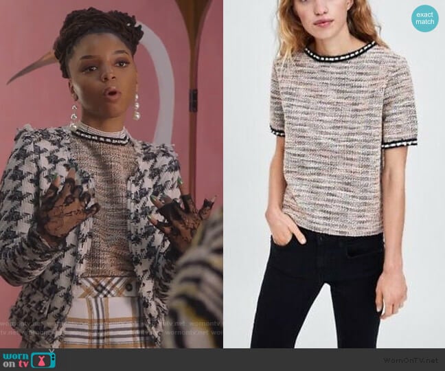 Tweed Pearl Trim Neckline Top by Zara worn by Jazlyn Forster (Chloe Bailey) on Grown-ish