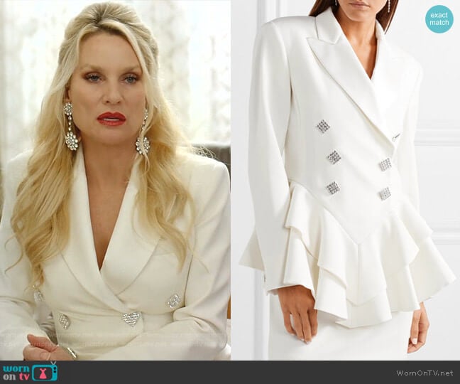 Crystal-Embellished Satin-Trimmed Peplum Blazer by Alessandra Rich worn by Alexis Carrington (Elaine Hendrix) on Dynasty