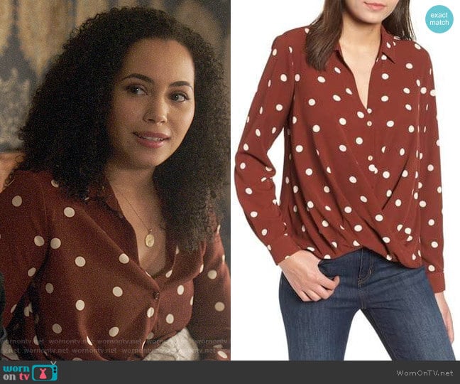 ALL IN FAVOR Patterned Drape Front Blouse worn by Macy Vaughn (Madeleine Mantock) on Charmed