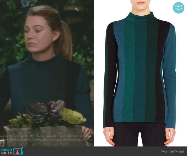 Turtleneck Slit Long-Sleeve Striped Wool Knit Top by Akris Punto worn by Meredith Grey (Ellen Pompeo) on Greys Anatomy