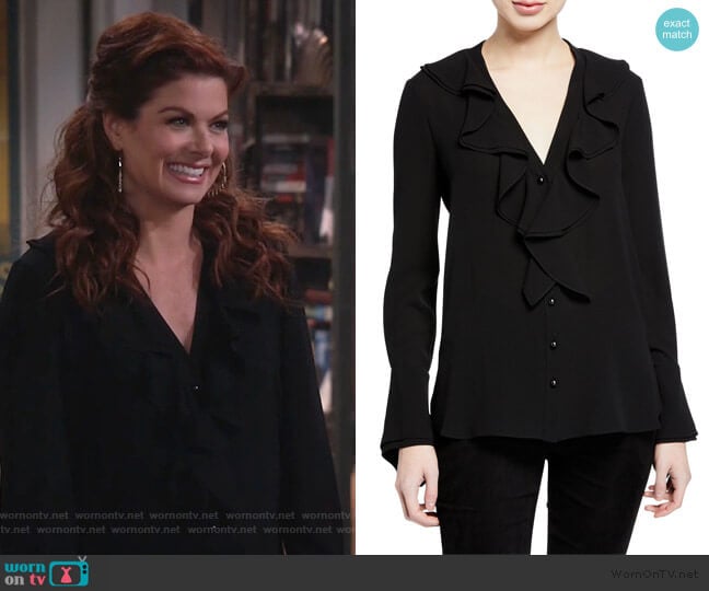 Ruffle-Trimmed Silk Blouse by Alexander McQueen worn by Grace Adler (Debra Messing) on Will and Grace