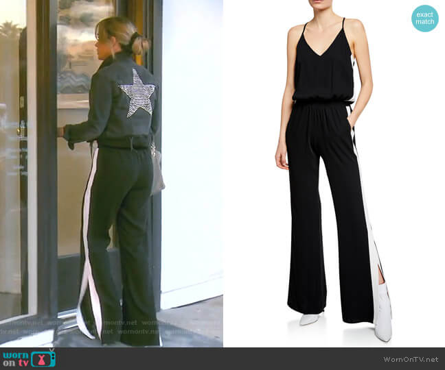 Side-Stripe Sleeveless Track Jumpsuit by Amanda Uprichard worn by Teddi Mellencamp Arroyave on The Real Housewives of Beverly Hills