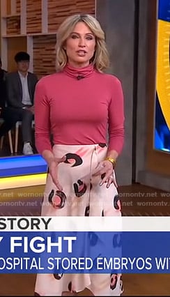 Amy’s pink turtleneck sweater and printed skirt on Good Morning America