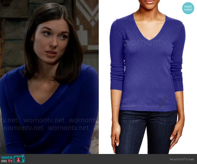 Aqua V-neck Cashmere Sweater worn by Willow Tait (Katelyn MacMullen) on General Hospital