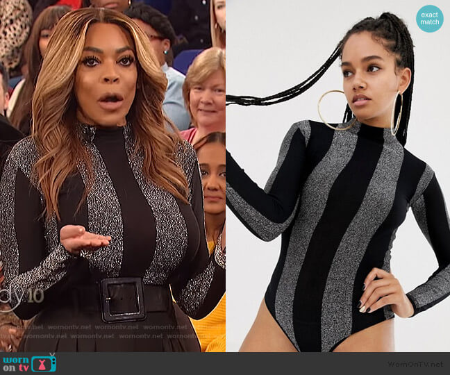 DESIGN x LaQuan Smith high neck bodysuit in glitter stripe by ASOS worn by Wendy Williams on The Wendy Williams Show