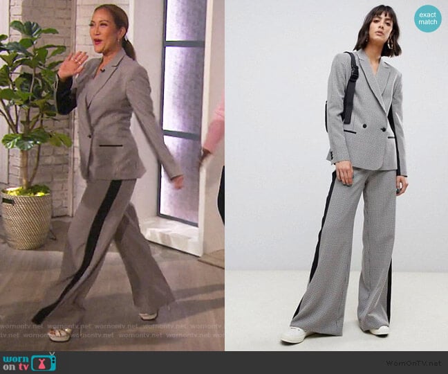 Check suit blazer and pants with contrast side stripe by ASOS worn by Carrie Inaba on The Talk