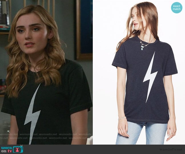 Bolt Crew Tee Shirt by Aviator Nation worn by Taylor Otto (Meg Donnelly) on American Housewife