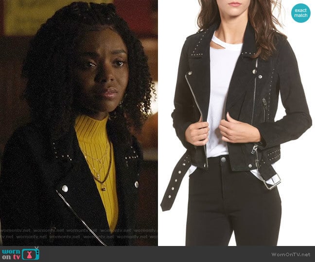 WornOnTV: Josie’s yellow ribbed sweater and studded moto jacket on ...