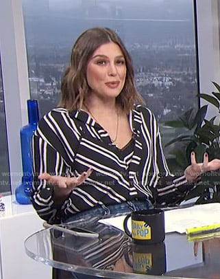 Carissa’s black mixed stripe blouse on E! News Daily Pop