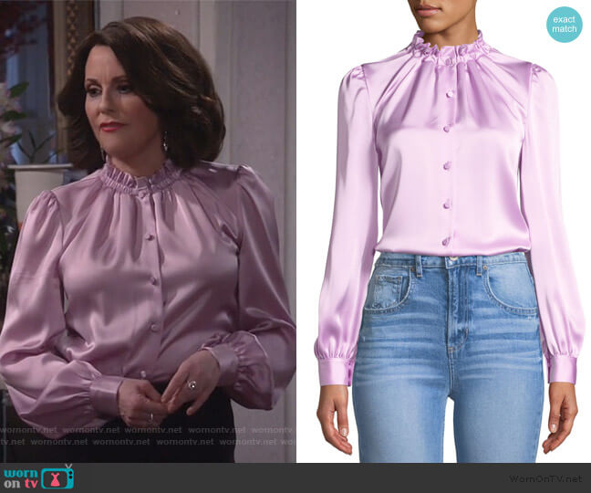 Cinched-Neck Long-Sleeve Satin Blouse by Co worn by Karen Walker (Megan Mullally) on Will and Grace